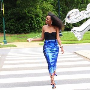Electric Blue Sequins Long Line Midi Skirt